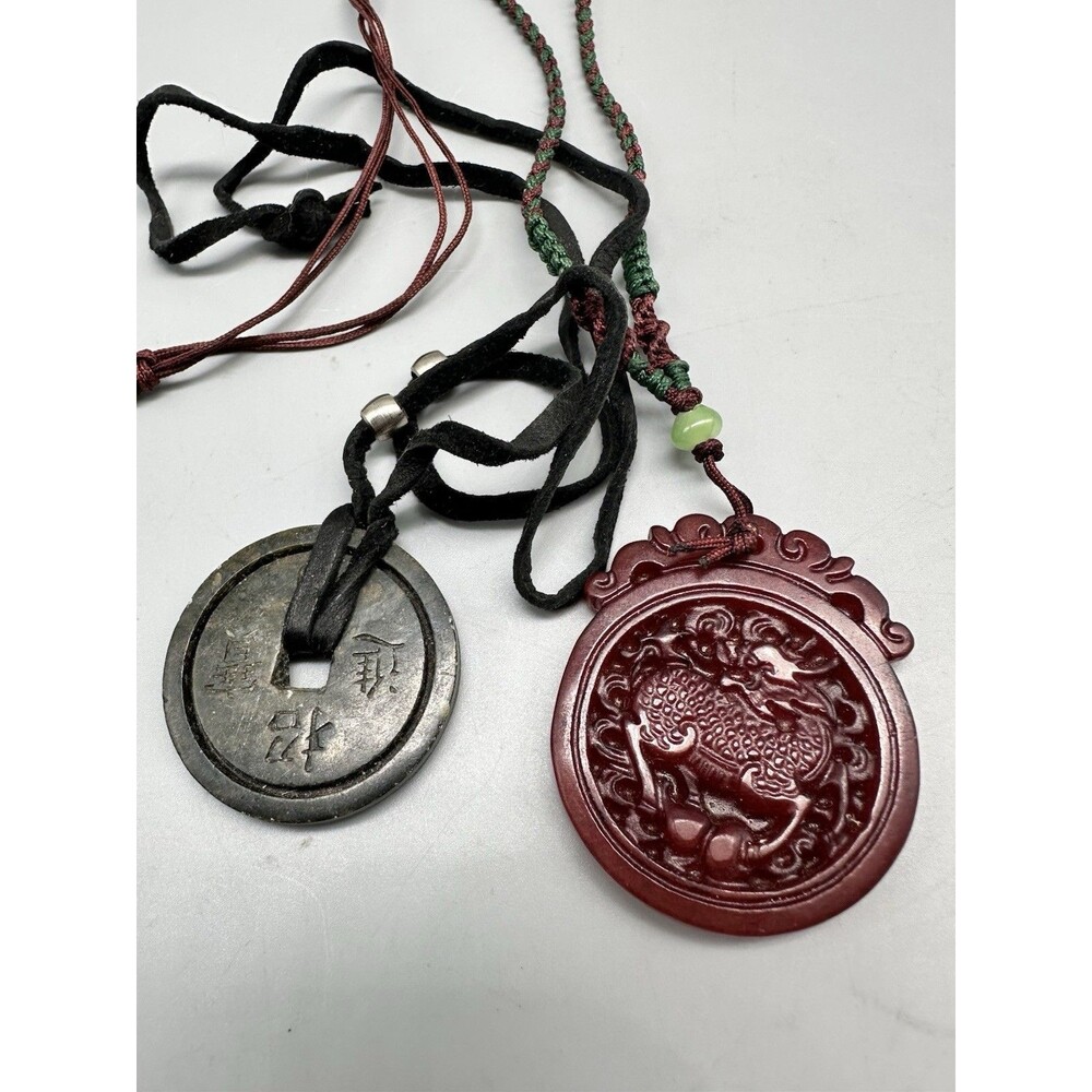 Set Of 2 Asian Carved Stone Pendant Necklaces Dragon On Cord
